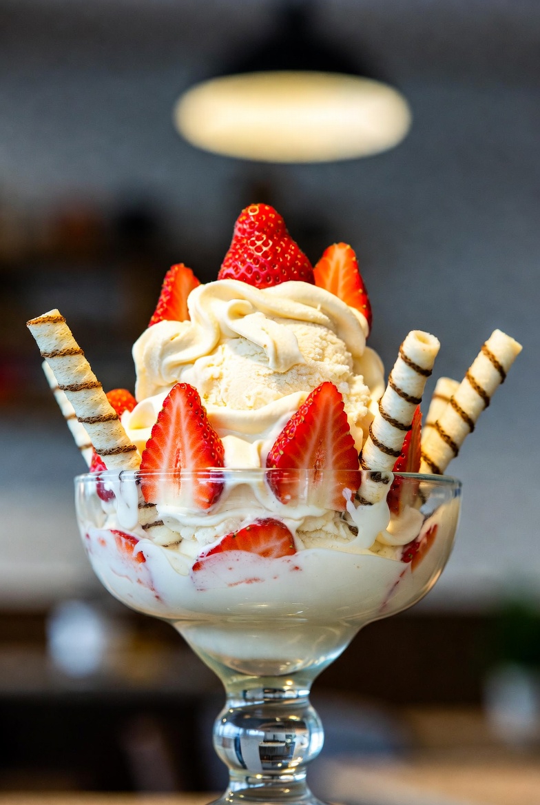 Großer Eisbecher mit Früchten, Sahne und verschiedenen Eissorten